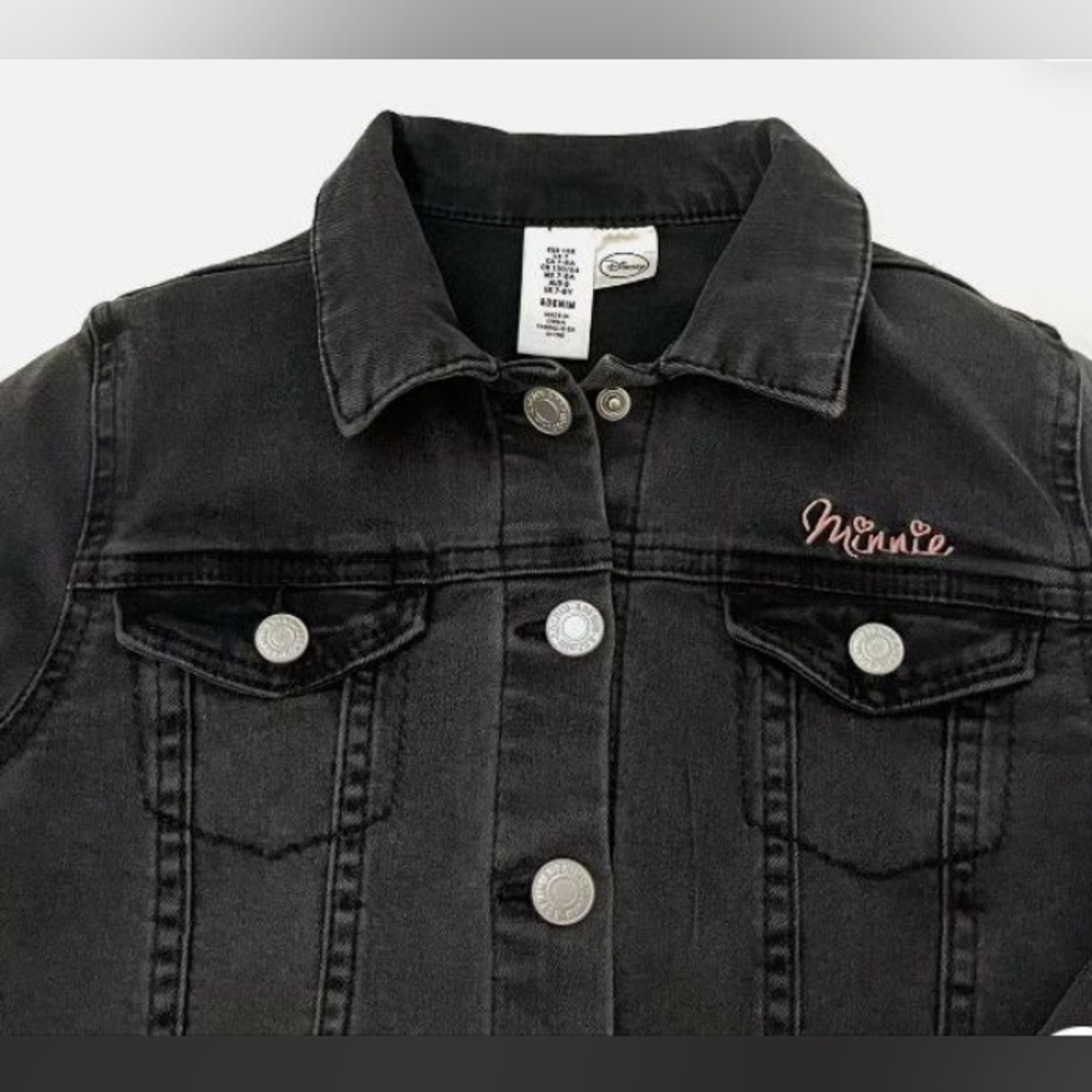 H&M Disney Minnie Washed Denim Jacket Black Long Sleeve Embroidered Size 8 - Picture 4 of 4